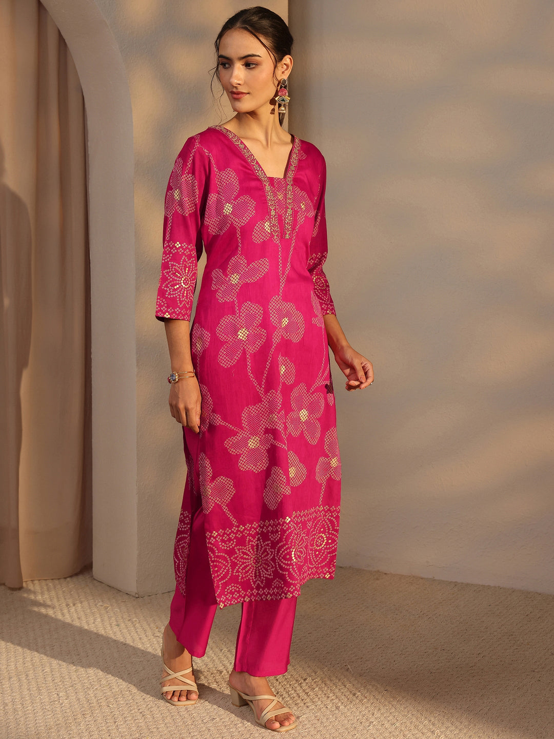 Pink Bandhani Printed Cotton Straight Kurta