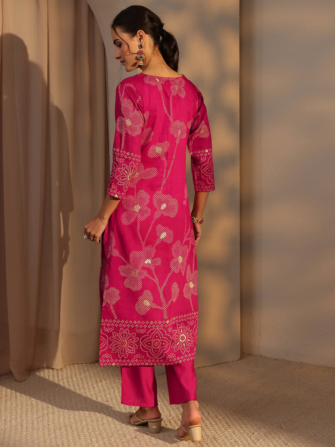 Pink Bandhani Printed Cotton Straight Kurta