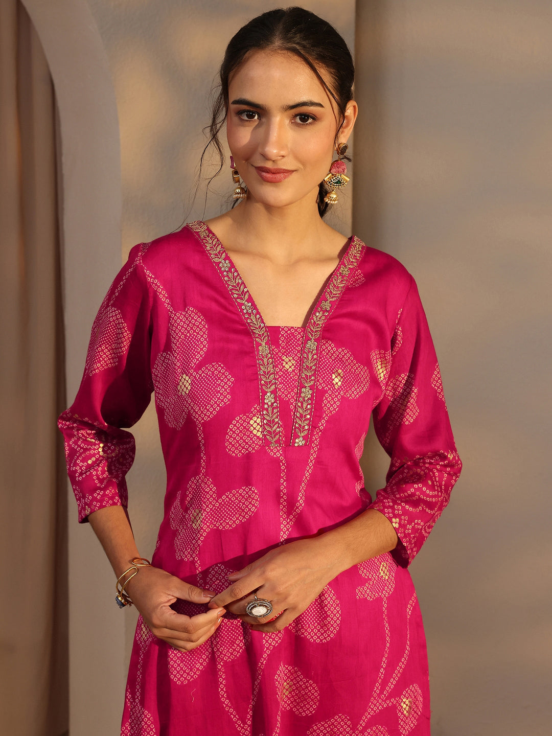 Pink Bandhani Printed Cotton Straight Kurta