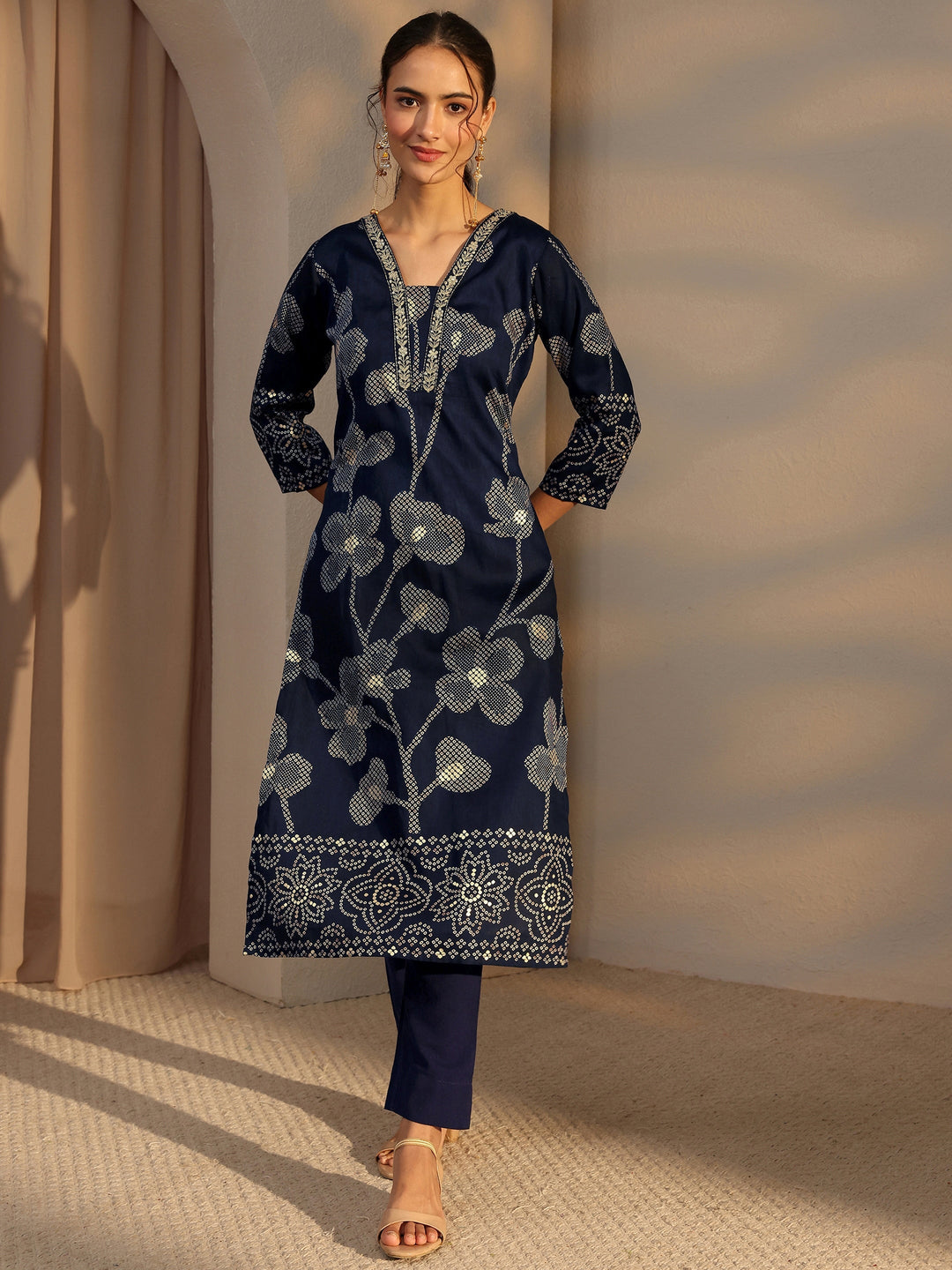 Blue Bandhani Printed Cotton Straight Kurta