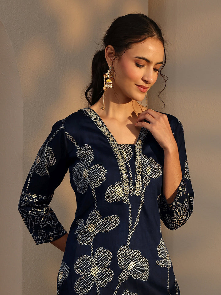 Blue Bandhani Printed Cotton Straight Kurta