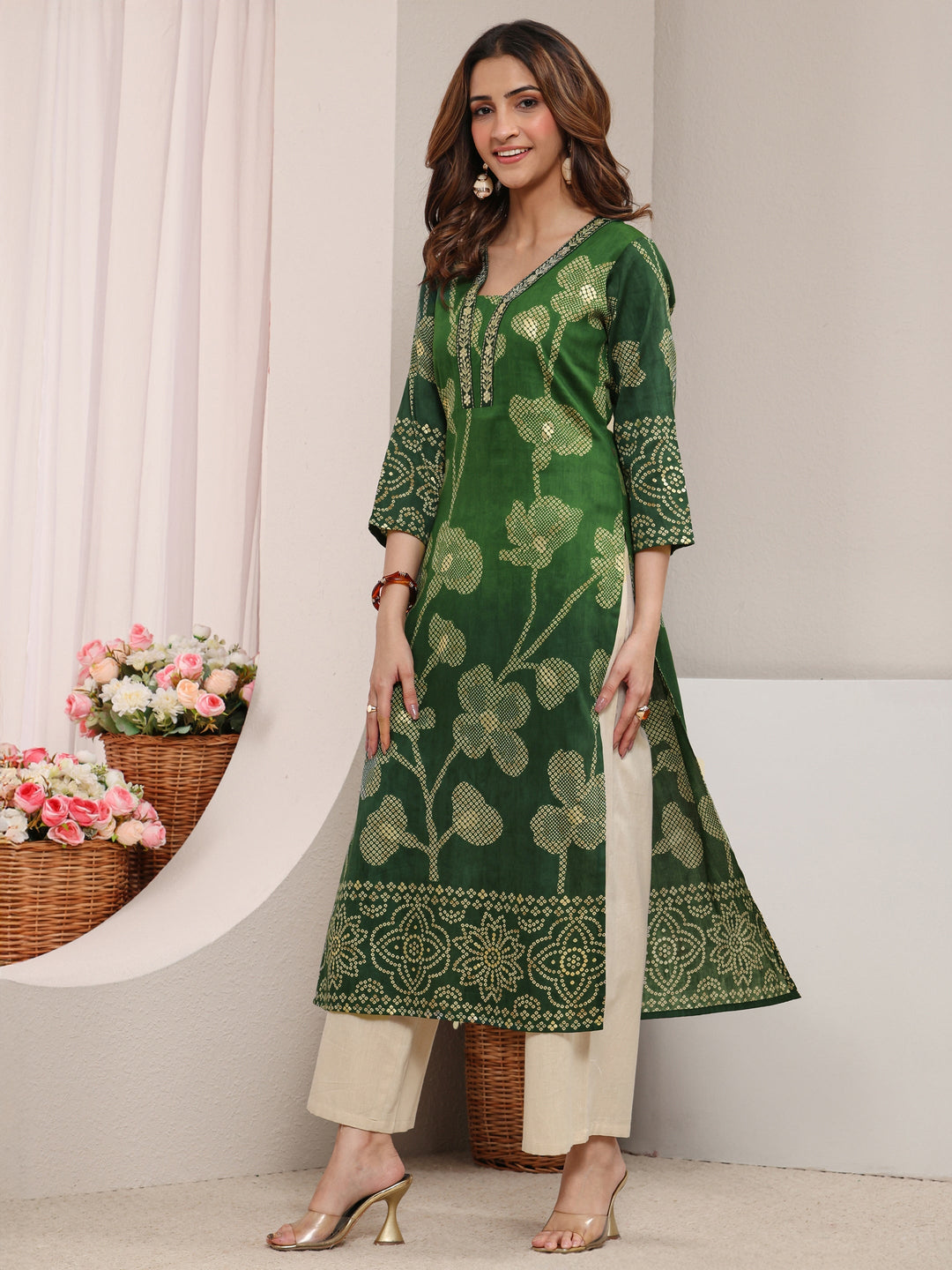 Green Floral Printed Cotton Straight Kurta