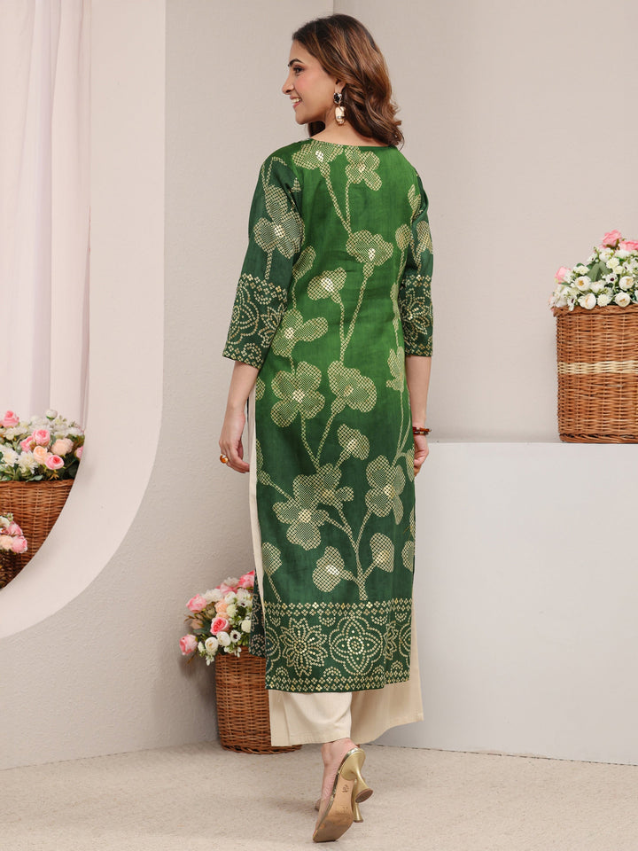 Green Floral Printed Cotton Straight Kurta