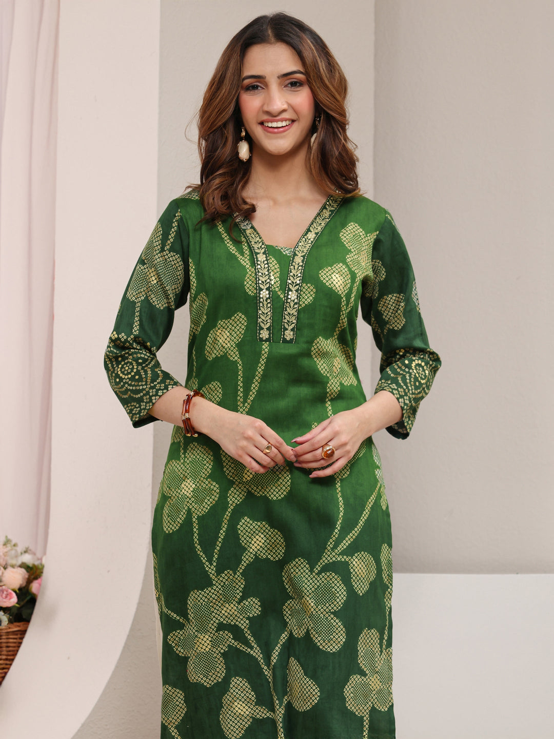 Green Floral Printed Cotton Straight Kurta