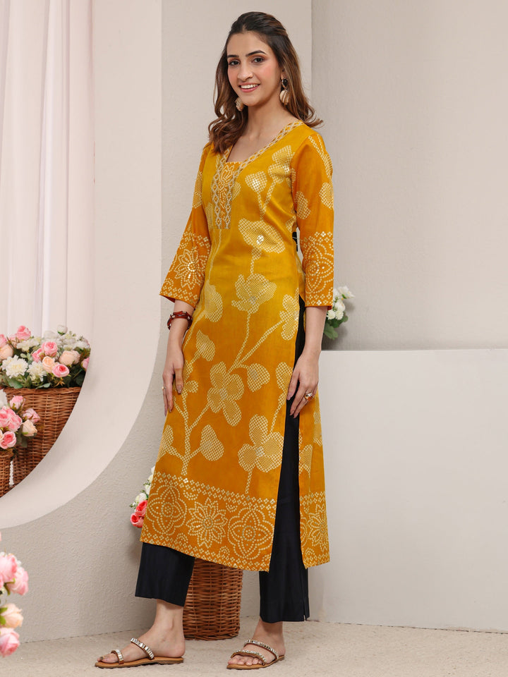 Mustard Floral Printed Cotton Straight Kurta