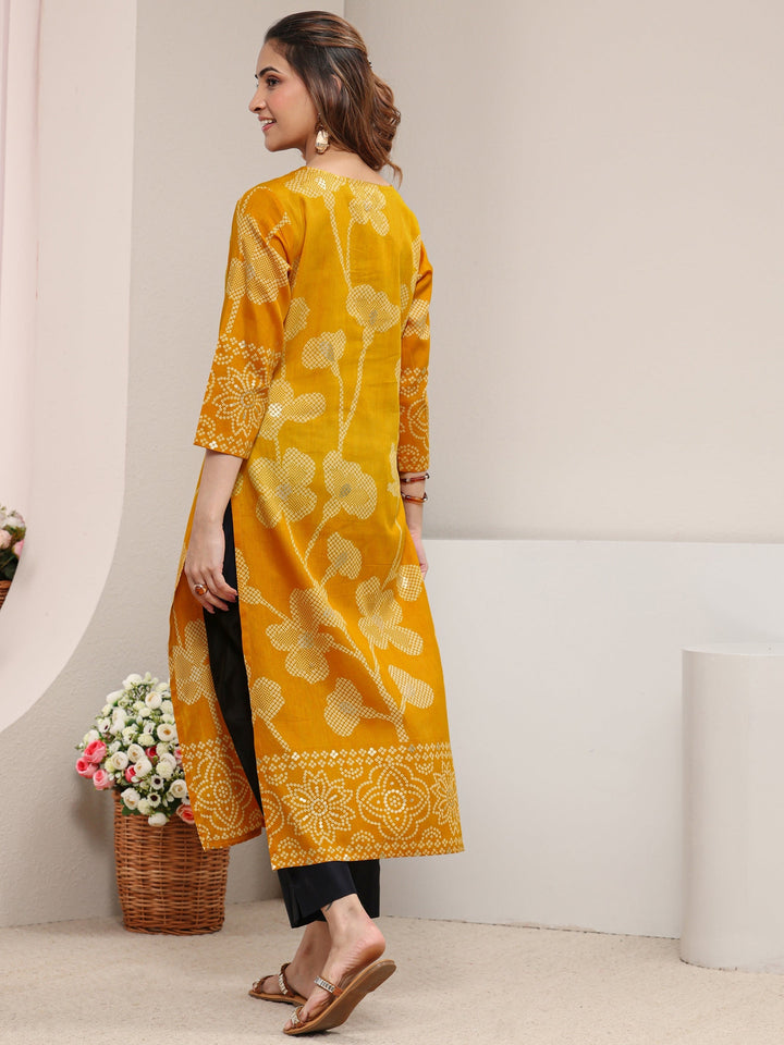 Mustard Floral Printed Cotton Straight Kurta