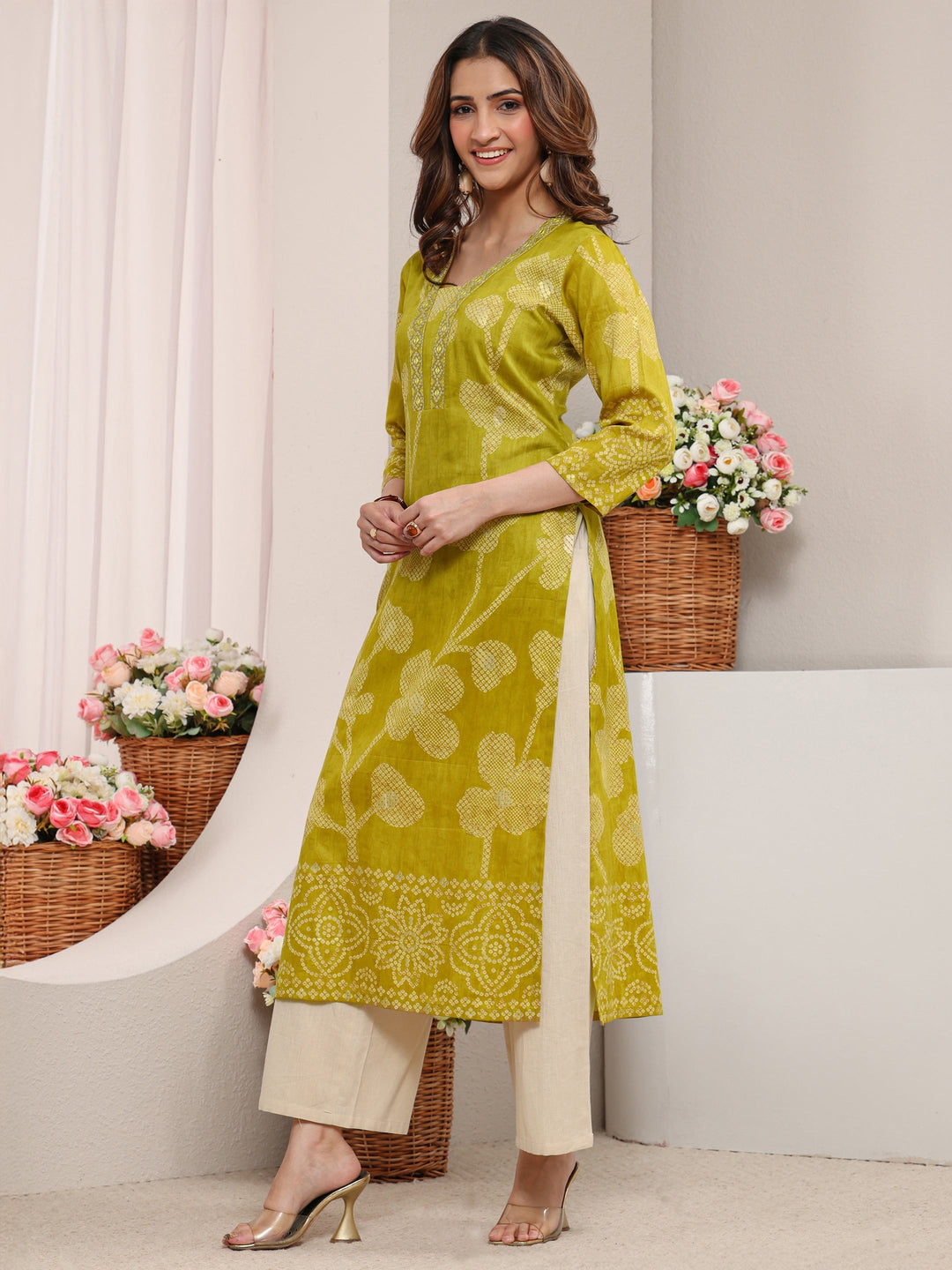 Green Floral Printed Cotton Straight Kurta