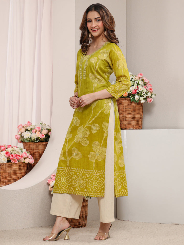 Green Floral Printed Cotton Straight Kurta