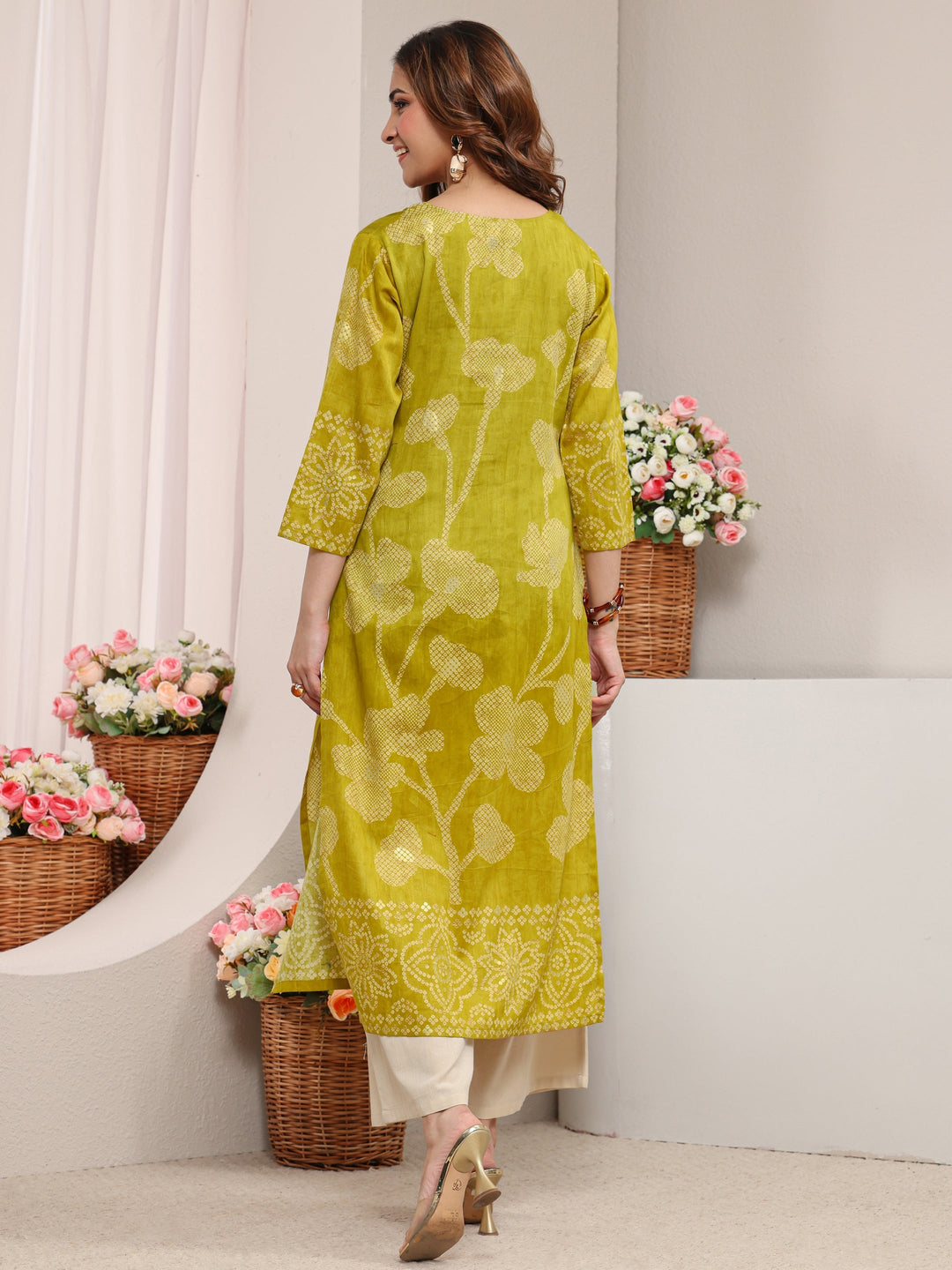 Green Floral Printed Cotton Straight Kurta