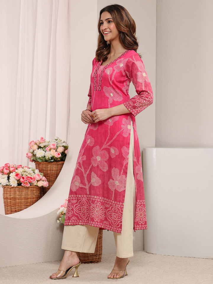 Pink Floral Printed Cotton Straight Kurta