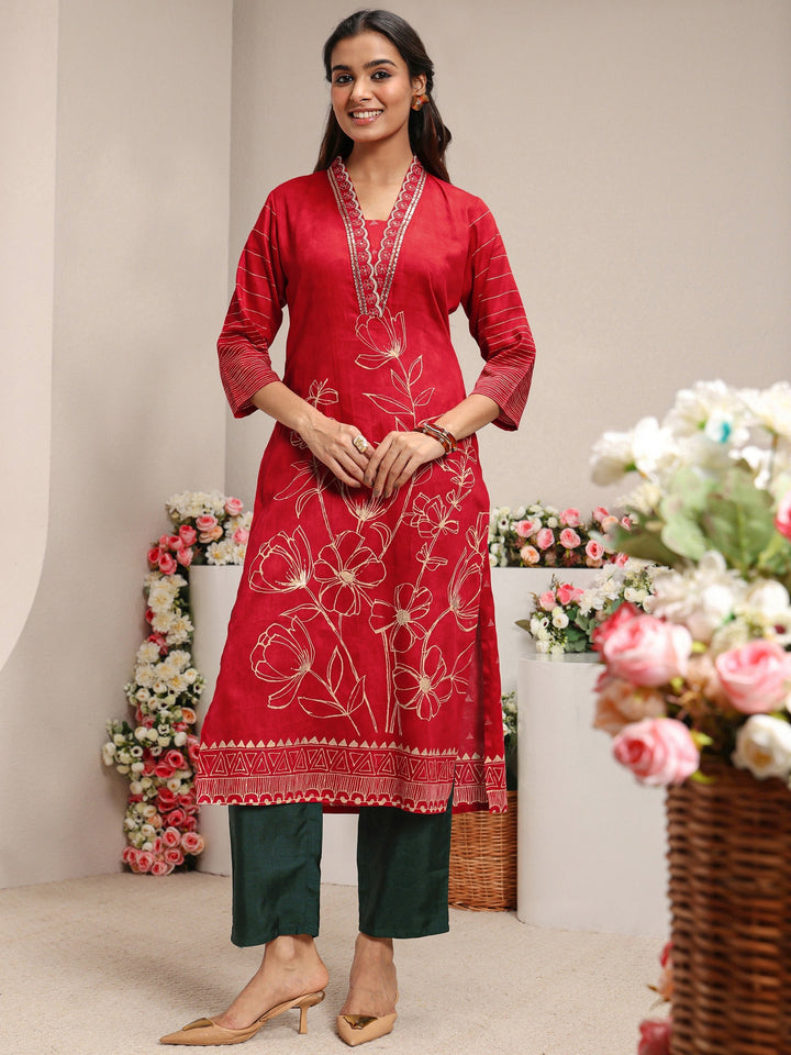 Red Floral Printed Cotton Straight Kurta