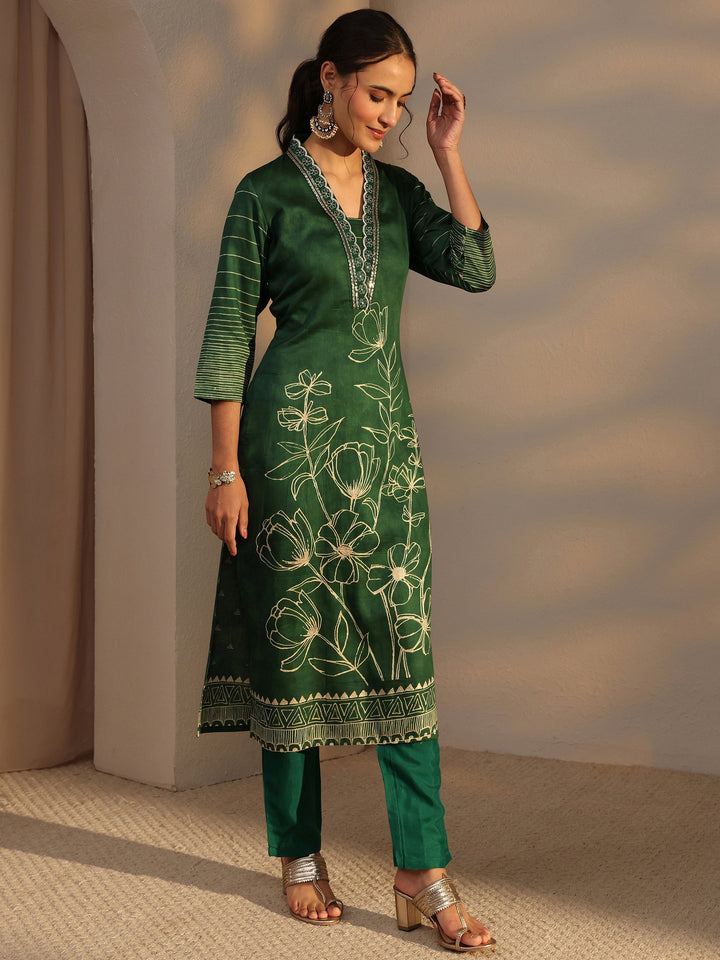 Green Floral Printed Cotton Straight Kurta
