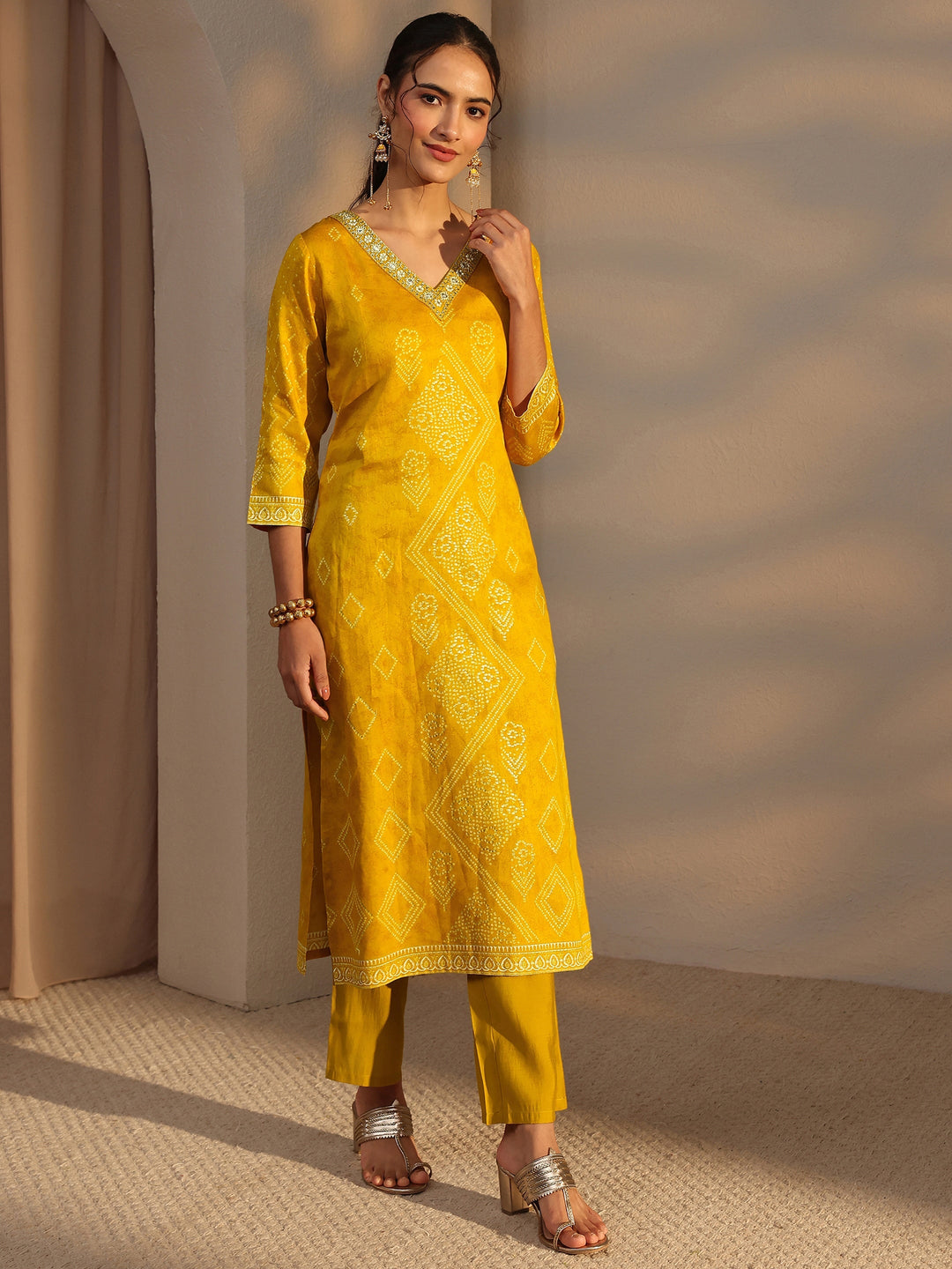 Mustard Bandhani Printed Cotton Straight Kurta