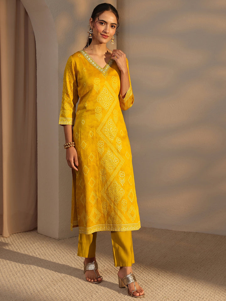 Mustard Bandhani Printed Cotton Straight Kurta
