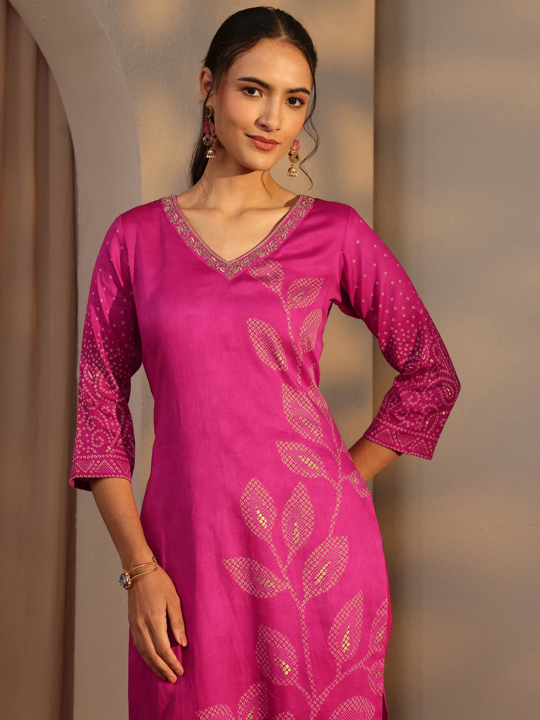 Pink Bandhani Printed Cotton Straight Kurta