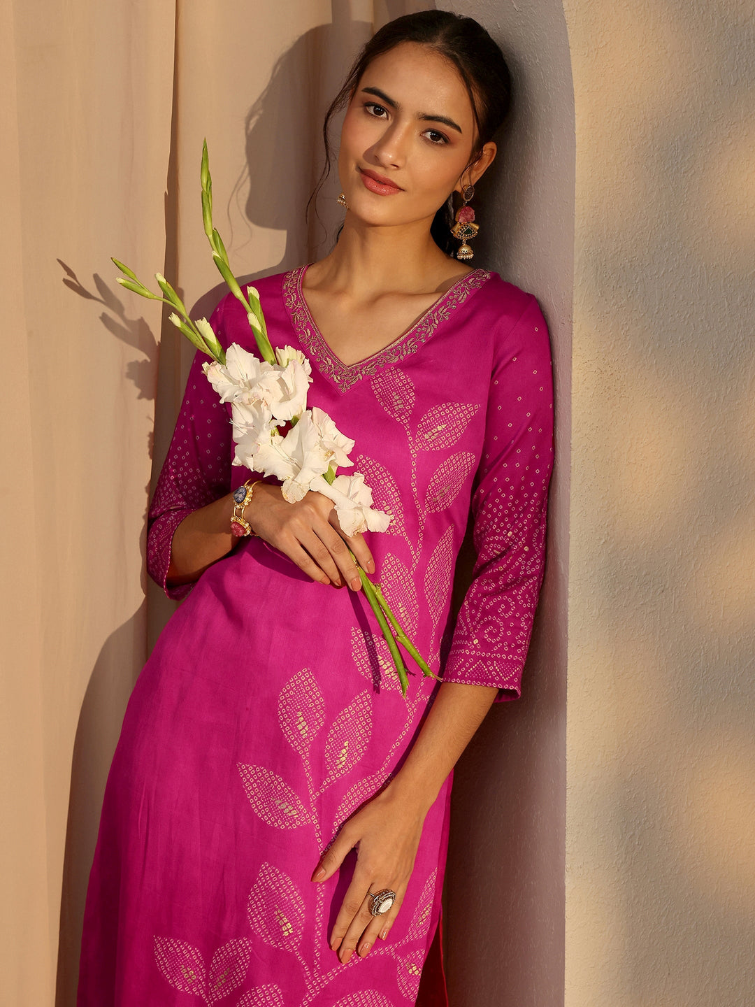 Pink Bandhani Printed Cotton Straight Kurta