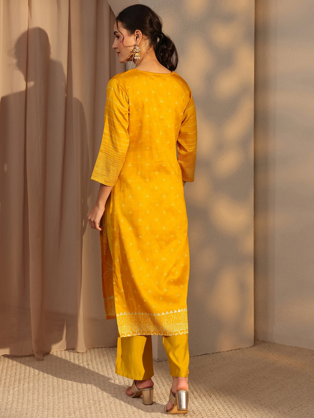 Mustard Floral Printed Cotton Straight Kurta