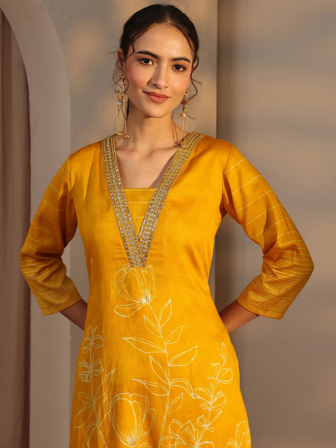 Mustard Floral Printed Cotton Straight Kurta