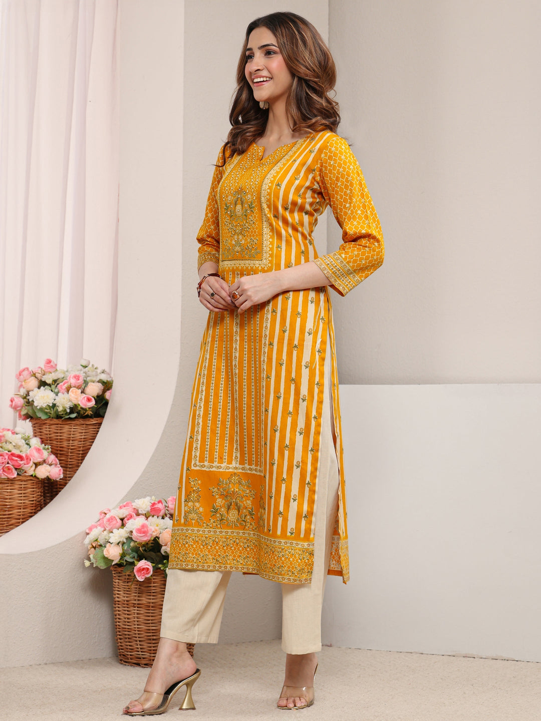 Mustard Ethnic Printed Cotton Straight Kurta