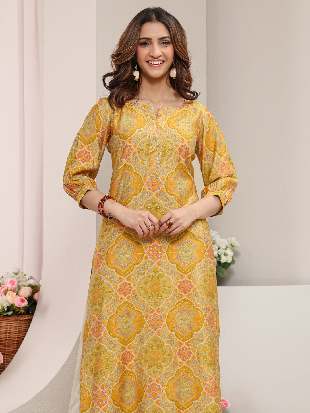 Yellow Ethnic Printed Silk Blend Straight Kurta