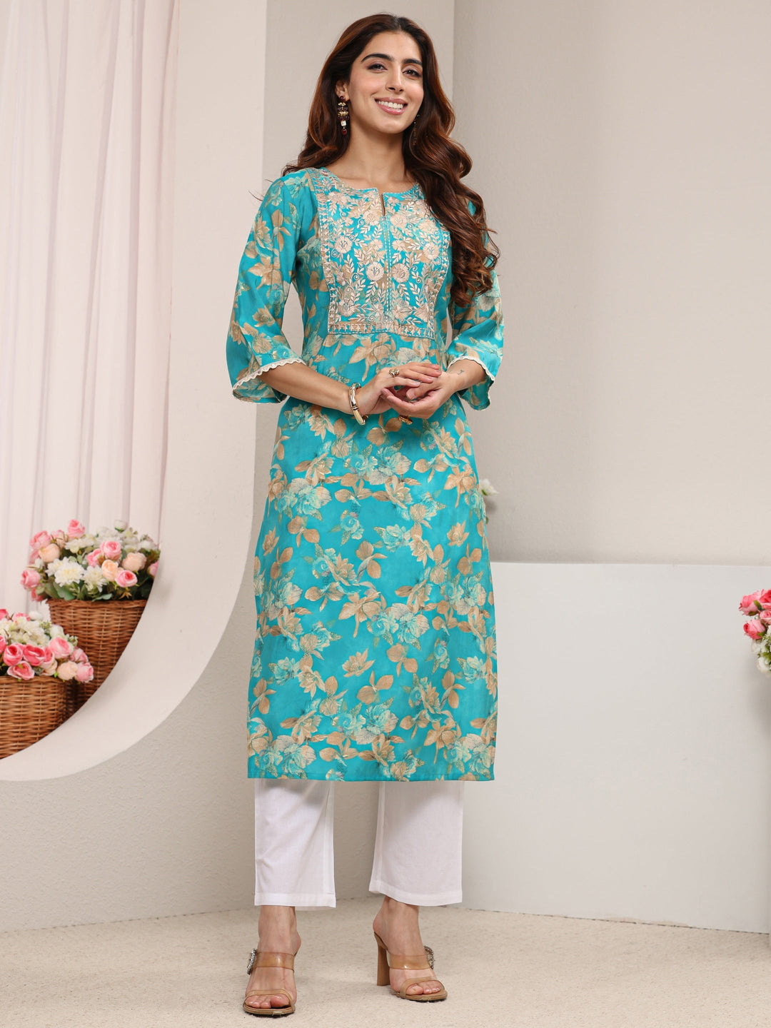 Blue Yoke Design Floral Printed Silk Blend Straight Kurta