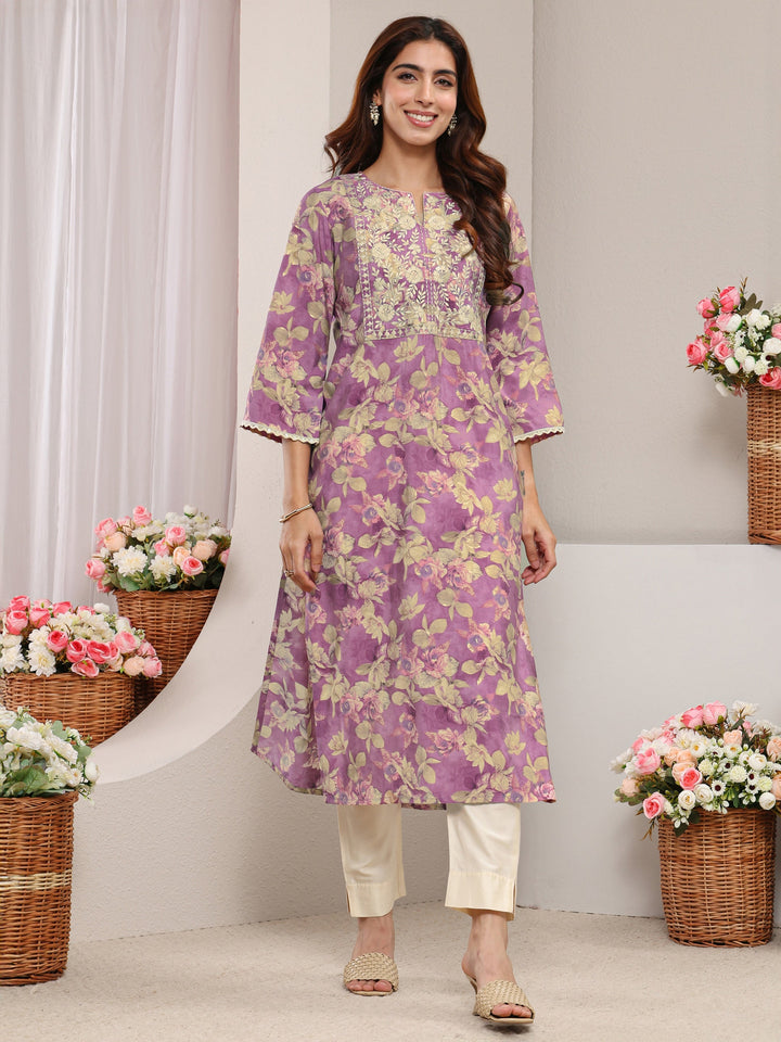 Lavender Yoke Design Floral Printed Silk Blend Straight Kurta