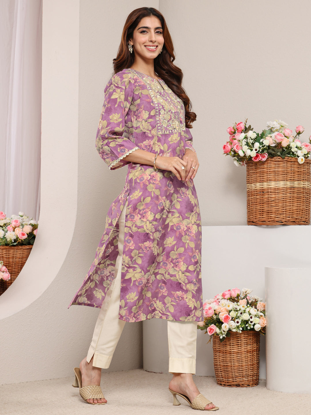 Lavender Yoke Design Floral Printed Silk Blend Straight Kurta