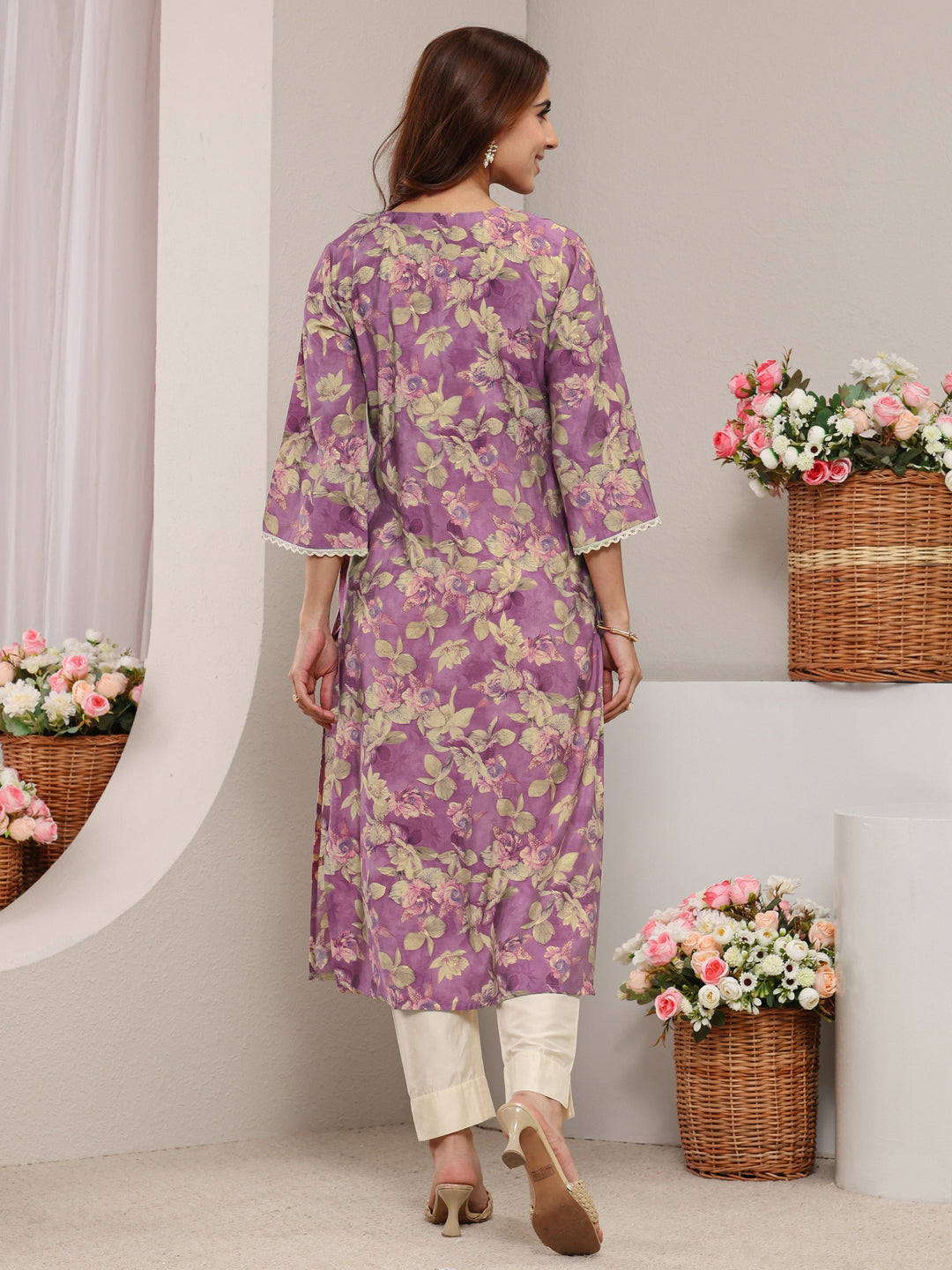 Lavender Yoke Design Floral Printed Silk Blend Straight Kurta