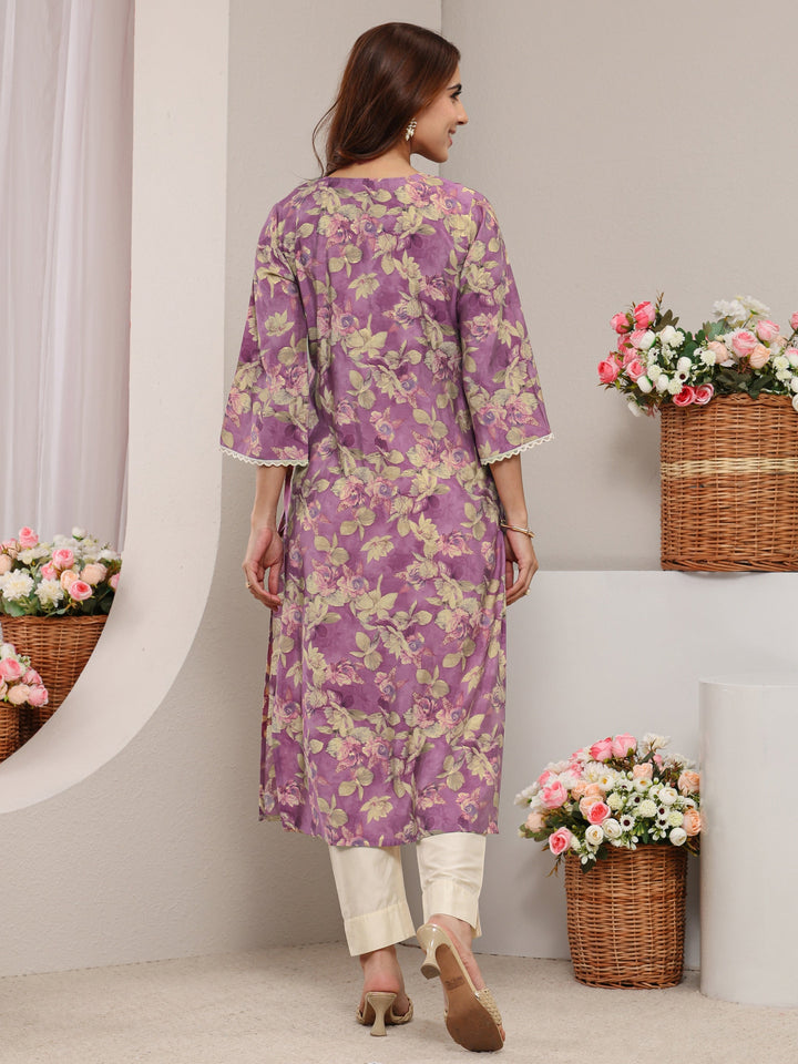 Lavender Yoke Design Floral Printed Silk Blend Straight Kurta