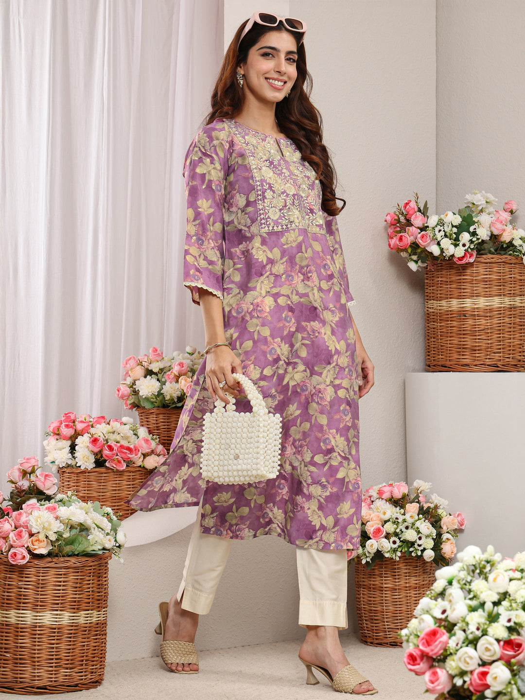 Lavender Yoke Design Floral Printed Silk Blend Straight Kurta