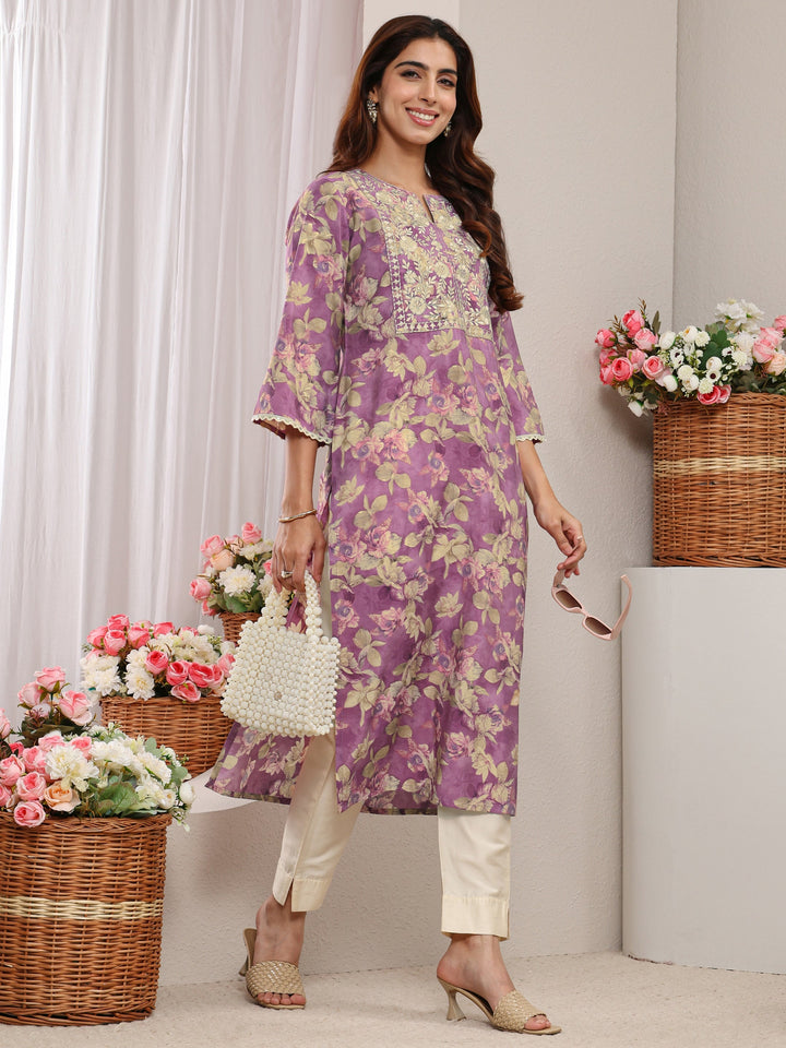 Lavender Yoke Design Floral Printed Silk Blend Straight Kurta