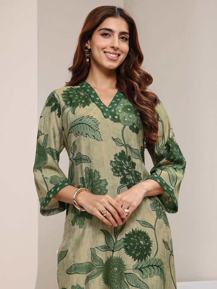 Green Floral Printed Silk Blend Straight Kurta