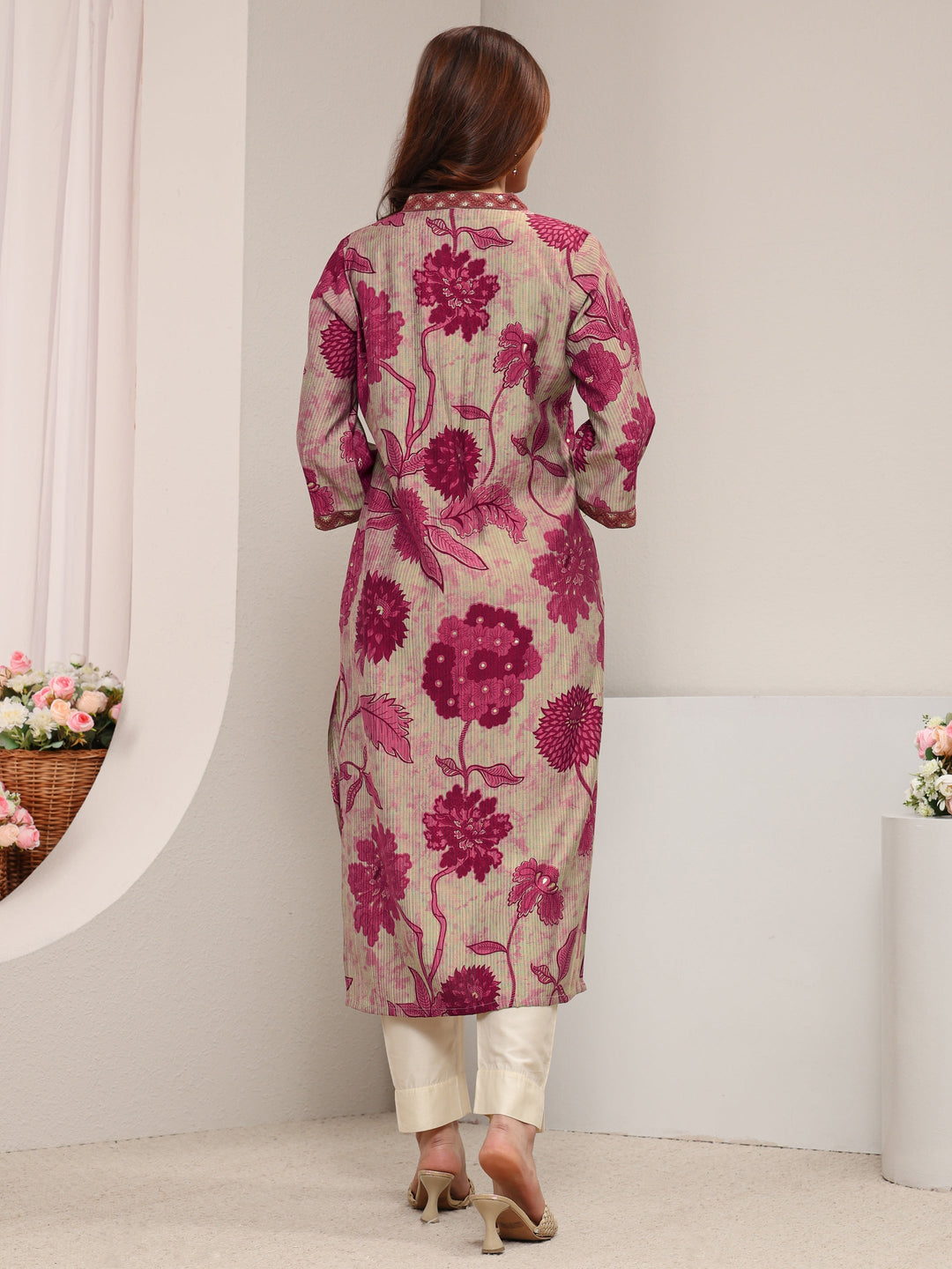 Maroon Floral Printed Silk Blend Straight Kurta