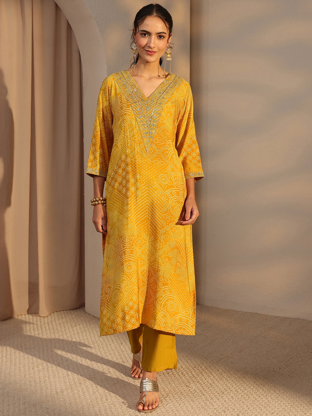 Mustard Bandhani Printed Silk Blend Straight Kurta