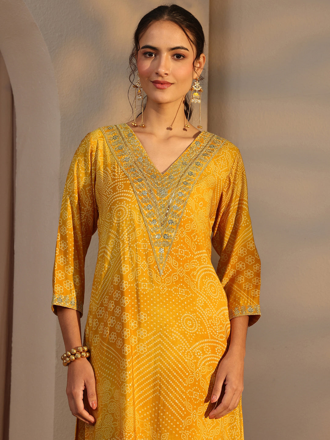 Mustard Bandhani Printed Silk Blend Straight Kurta