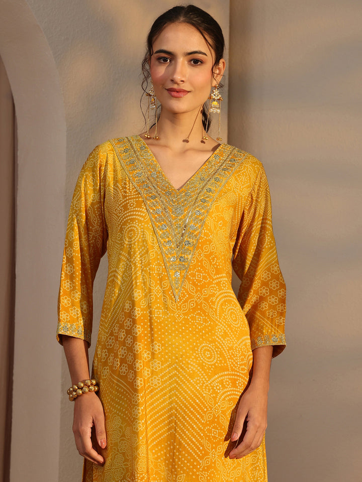 Mustard Bandhani Printed Silk Blend Straight Kurta