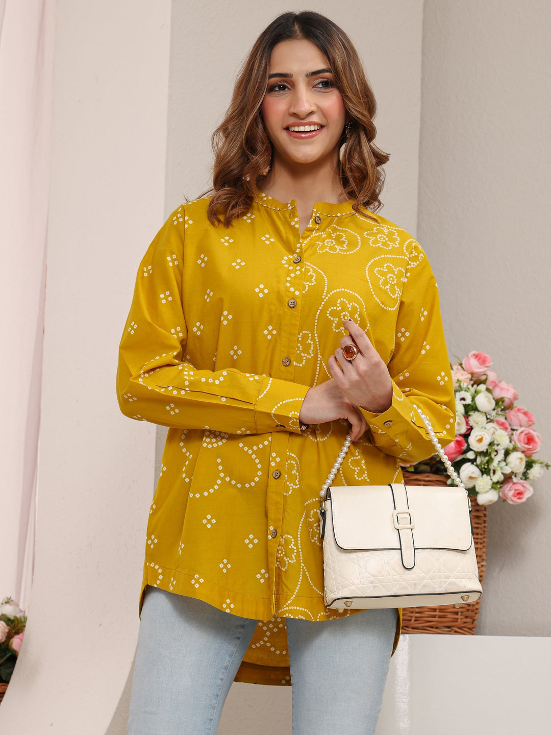 Mustard Bandhani Printed Cotton Shirt