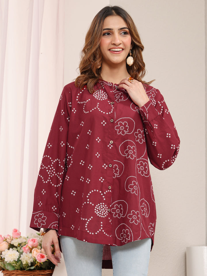 Libas Red Floral Printed Cotton Shirt