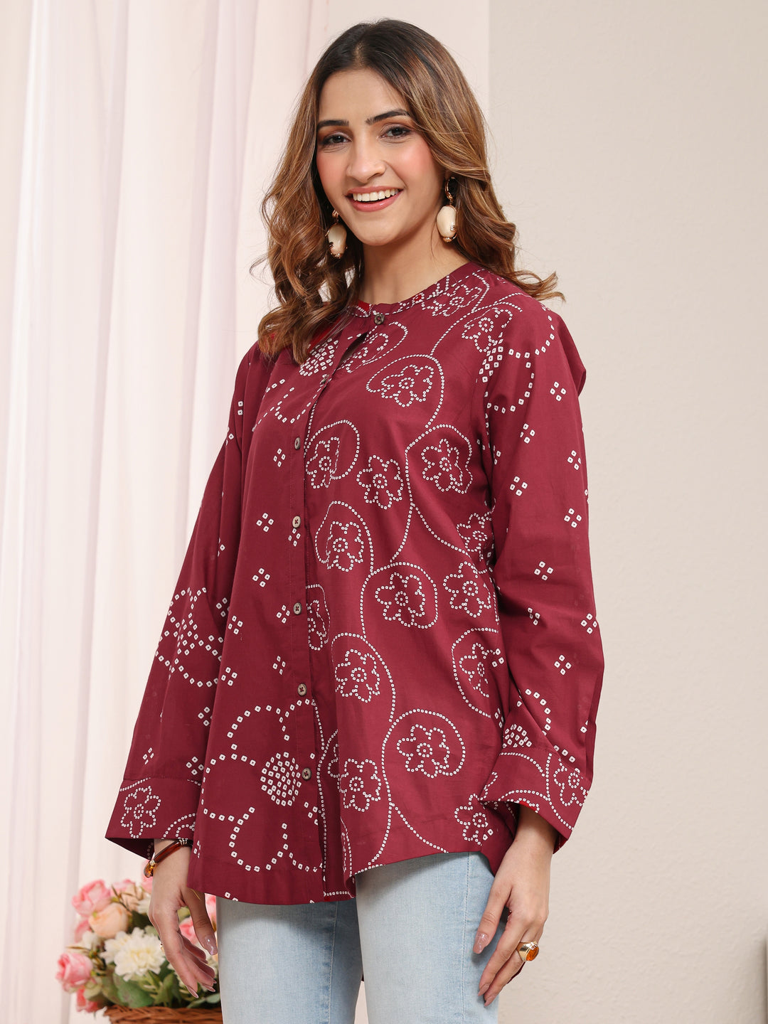Libas Red Floral Printed Cotton Shirt