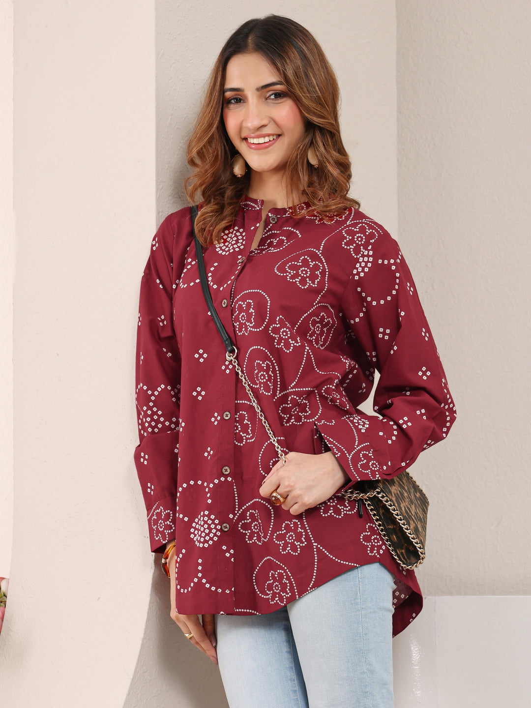 Libas Red Floral Printed Cotton Shirt