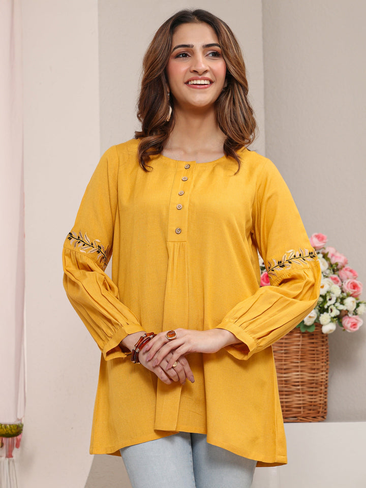 Yellow Solid Cotton Straight Short Kurti
