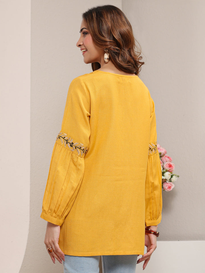 Yellow Solid Cotton Straight Short Kurti