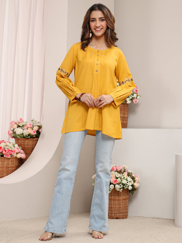 Yellow Solid Cotton Straight Short Kurti