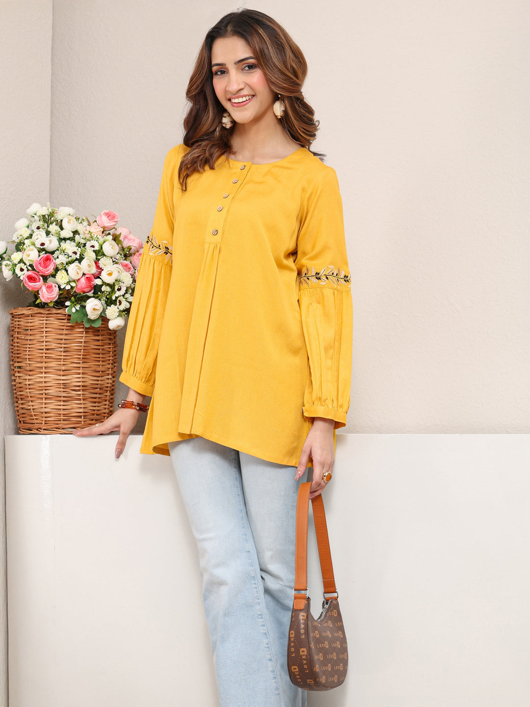 Yellow Solid Cotton Straight Short Kurti