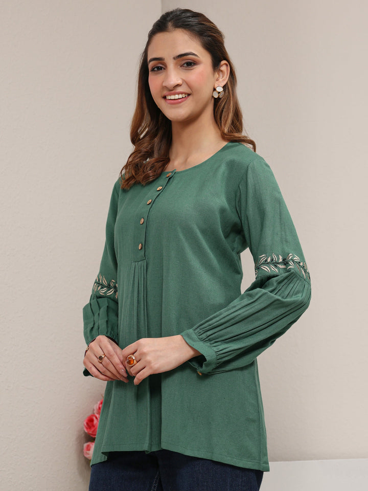 Green Solid Cotton A-Line Short Kurti