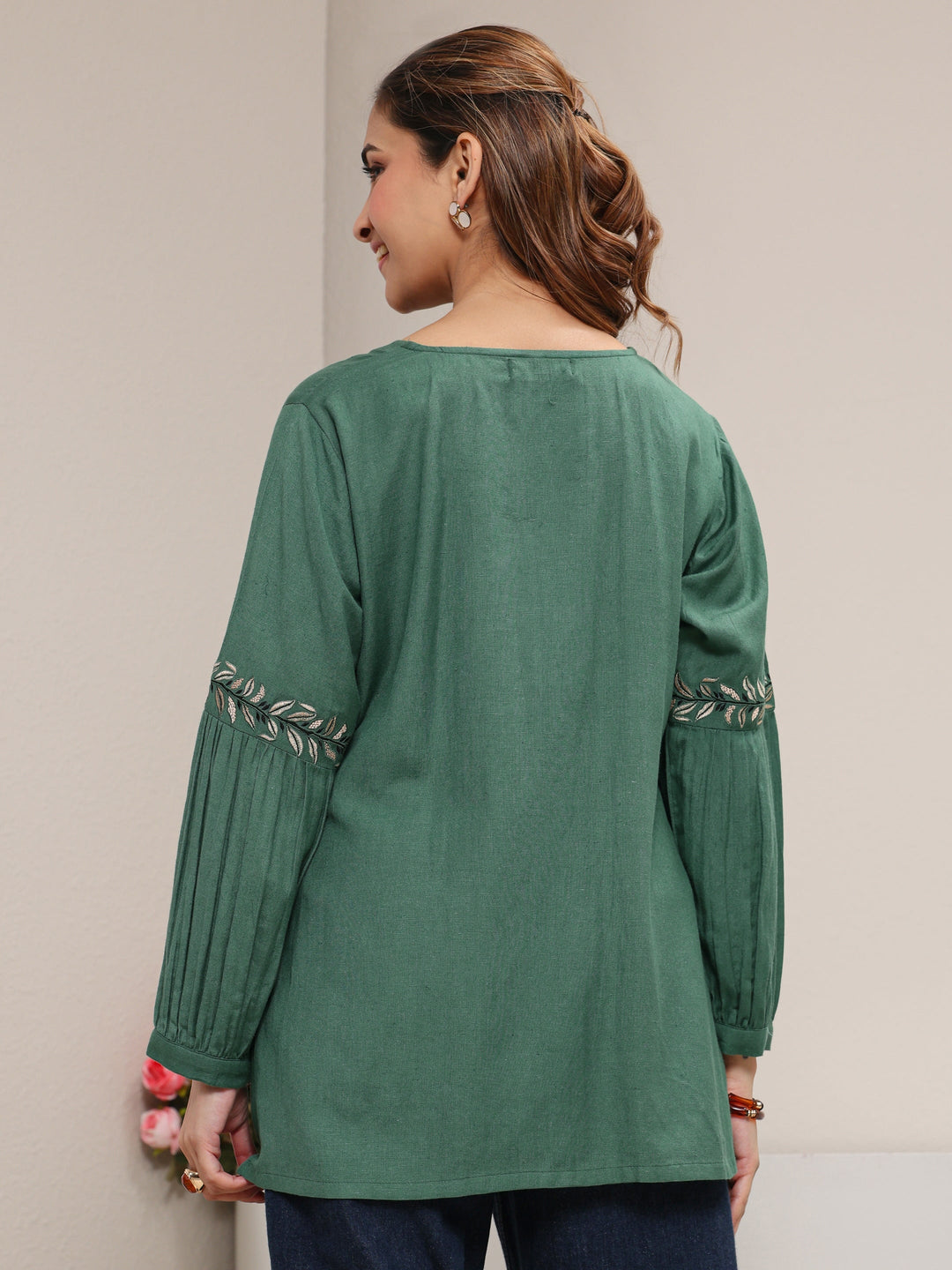 Green Solid Cotton A-Line Short Kurti