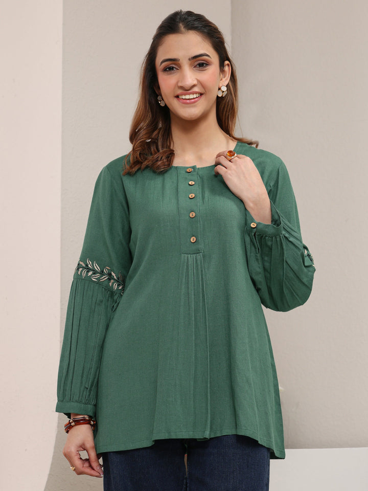 Green Solid Cotton A-Line Short Kurti