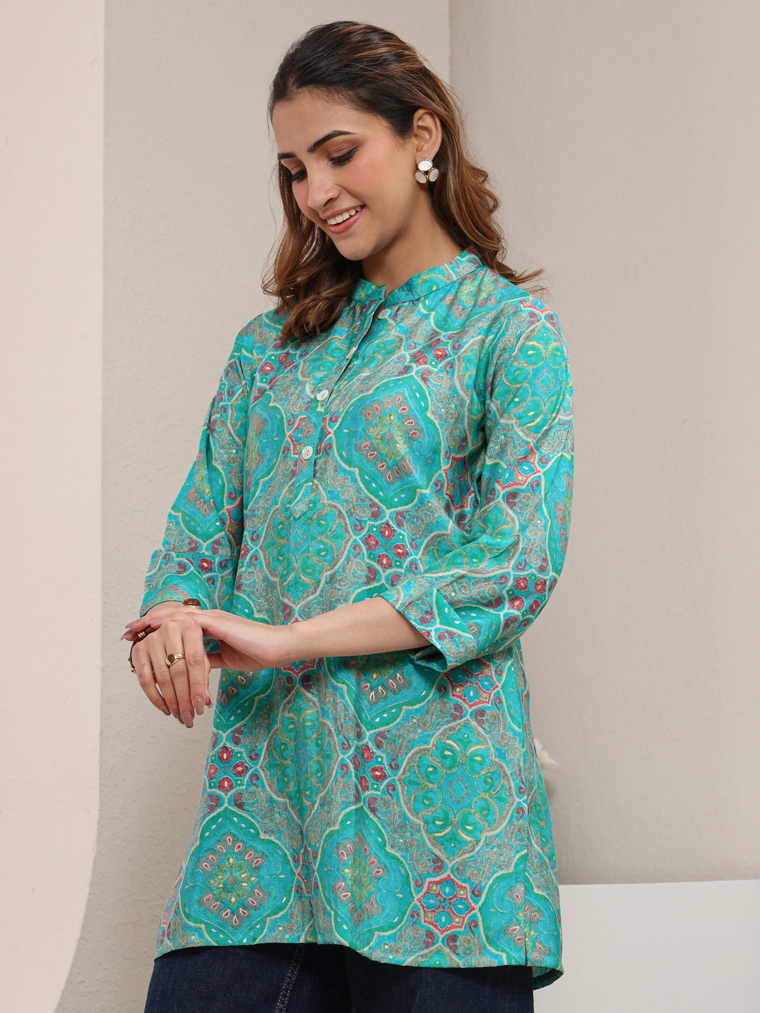 Blue Ethnic Printed Silk Blend Straight Short Kurti