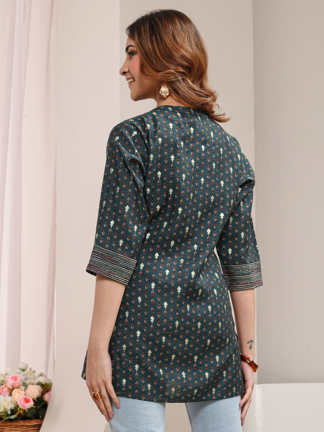 Libas Blue Ethnic Printed Silk Blend Straight Short Kurti