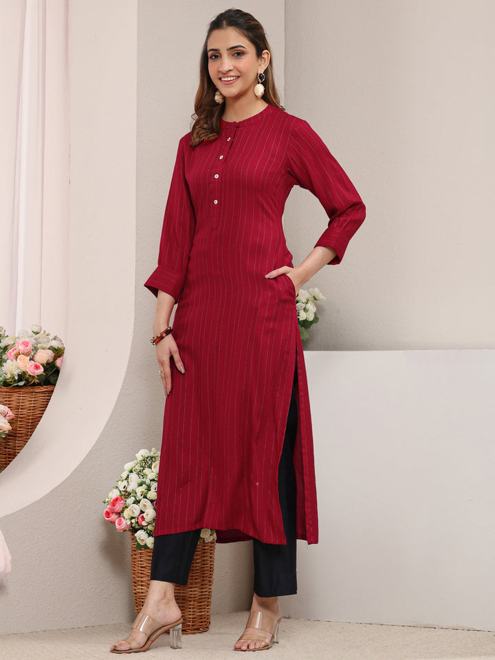 Red Striped Woven Design Rayon Straight Kurta